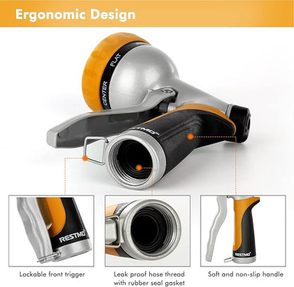 RESTMO Garden Hose Nozzle, Heavy Duty Metal Water Hose Nozzle with 7 Adjustable Spray Patterns, High Pressure Hand Sprayer with Flow Control, Best for Watering Plant & Lawn, Washing Car & Pet, Yellow