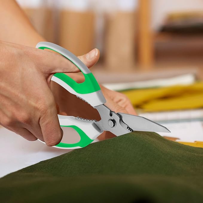 8-Inch Utility Scissors All Purpose Heavy Duty, Serrated Blade, Green Comfort Grip for Cutting Carpet, Cardboard, Leather, Fabric, Multipurpose Sharp Shears for Kitchen, Garden, Office, Carft