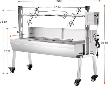 Jocisland Electric Rotisserie Grill Kit with Windscreen, 46" Height-Adjustable Charcoal Roaster, 132 Lbs Capacity, 45W Motor, Stainless Steel Spit with Lockable Wheels for Outdoor Camping