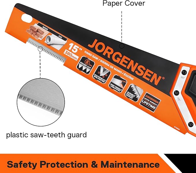 JORGENSEN 15 Inch Pro Hand Saw, 8 TPI Fine-Cut Ergonomic Non-Slip Aluminum Ultrasonic Welding Handle for Sawing, Trimming, Gardening, Woodworking, Drywall, Plastic Pipes