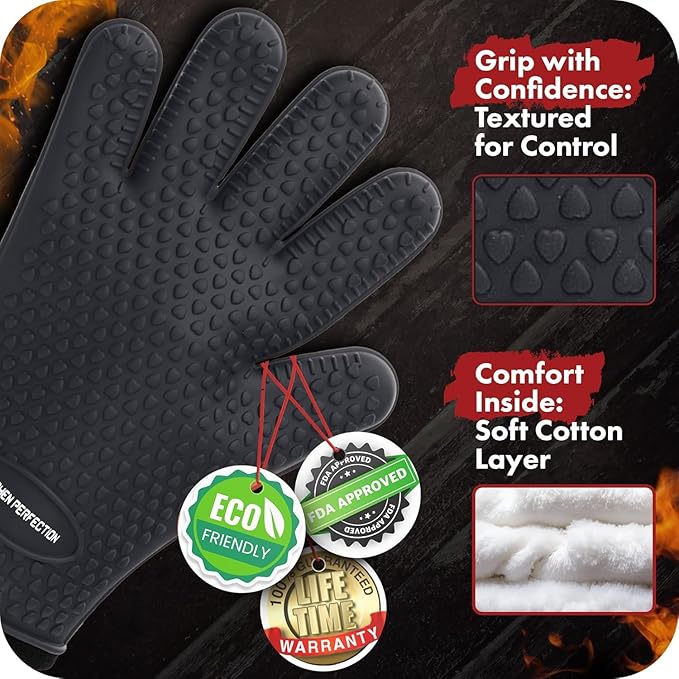 KITCHEN PERFECTION Silicone Smoker Oven Gloves -Extreme Heat Resistant BBQ Gloves -Handle Hot Food Right on Your Smoker Grill Fryer Pit|Waterproof Oven Mitts Grill Gloves |Superior Value Set+3 Bonuses