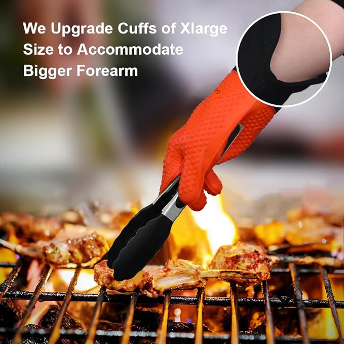 GEEKHOM BBQ Gloves Heat Resistant Oven Mitts - Silicone Grilling Gloves with 14" Long Arm Protection - Waterproof Pot Holder Non-Slip for Men & Women, Kitchen Cooking, Baking, Camping, Orange