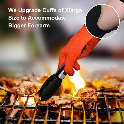 GEEKHOM BBQ Gloves Heat Resistant Oven Mitts - Silicone Grilling Gloves with 14" Long Arm Protection - Waterproof Pot Holder Non-Slip for Men & Women, Kitchen Cooking, Baking, Camping, Orange