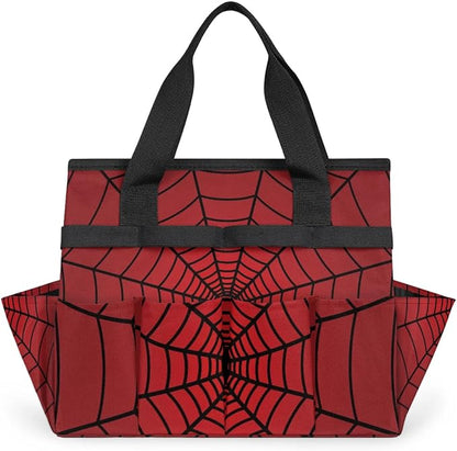 Spiders Web Red Gardening Tool Bag,Heavy Duty Garden Tote Bag,Portable Oxford Gardening Storage Basket Organizer Handbag with Pockets Handle,Hand Tools Gifts for Outdoor Garden Lawn