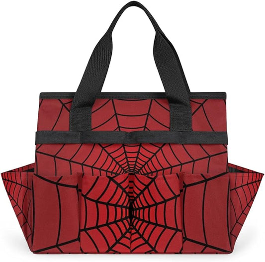 Spiders Web Red Gardening Tool Bag,Heavy Duty Garden Tote Bag,Portable Oxford Gardening Storage Basket Organizer Handbag with Pockets Handle,Hand Tools Gifts for Outdoor Garden Lawn
