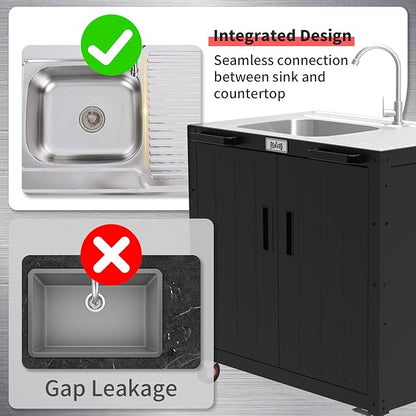 Freestanding Grill Cart with Sink and Cabinet, Movable Outdoor Cart Table with 304 Stainless Steel Sink, Outdoor Grill Cart, Outdoor Grill Station with Wheels, L35.4 x W24