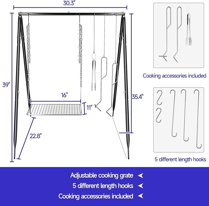 Grill Swing Campfire Cooking Stand, BBQ Grill for Cookware, Bruntmor Dutch Oven Adjustable Collapsible Legs with Hooks and Accessories