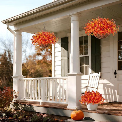 Fake Mums Artificial Fall Flowers with Hanging Baskets Outdoors for Decoration Faux mums for outdoor planters Daisy Flower with Eucalyptus Leaves for Porch Home Patio Balcony and Yard Autumn Decor