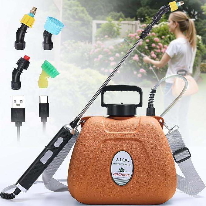 Electric Garden Sprayer 2.1 Gallon, 4 Mist Nozzles, Telescopic Wand, Adjustable Shoulder Strap, USB Rechargeable Waterproof Handle, Automatic Plant Mister for Lawn Garden