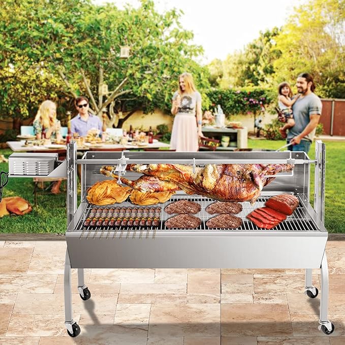 Rotisserie Grill Stainless Steel Charcoal Spit Roaster, 50" Pig Lamb Hooded Roaster Charcoal Spit with 30W Motor & Adjustable Height Lockable Casters for Outdoor Camping Party, Rated 150 LB