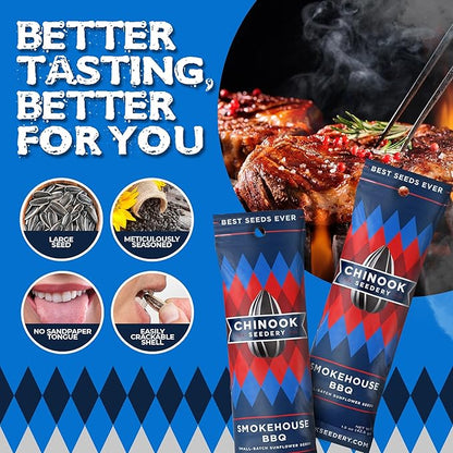 Chinook Seedery Low Sodium Sunflower Seeds – Smokehouse BBQ Flavor, Pack of 36, 1.5oz – Sunflower Seeds to Eat – Keto, Jumbo, Roasted, Baseball Snacks