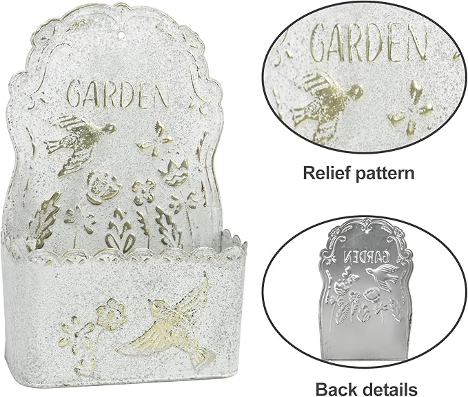 BIG FORTUNE Metal Wall Mount Planter Wall Vases for Flowers Shabby Chic Decor for Rustic Farmhouse Outdoor Decor (White)