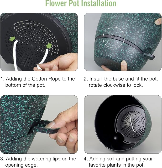 12 inch Large Self Watering Pots for Indoor Outdoor Plants, Flower Plant Pots with Mesh Drainage Holes for Garden House Plants, Plastic Planters for Home, Black with Green Speckles