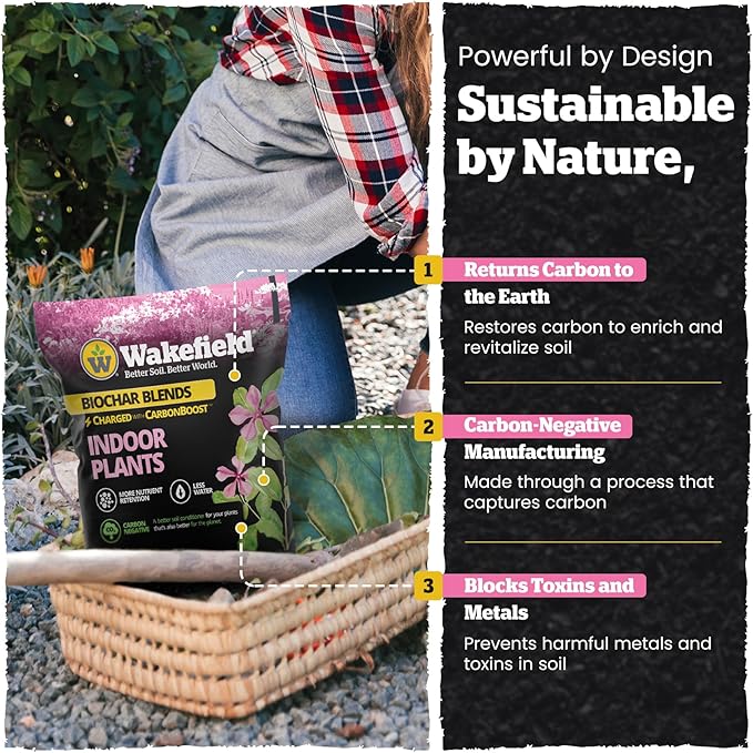 Wakefield Biochar Potting Mix & Indoor Plant Soil – Potting Soil Indoor Plants w/CarbonBoost Technology – Organic Compost, Pine Bark, Worm Castings – Garden Dirt - 4 Quart