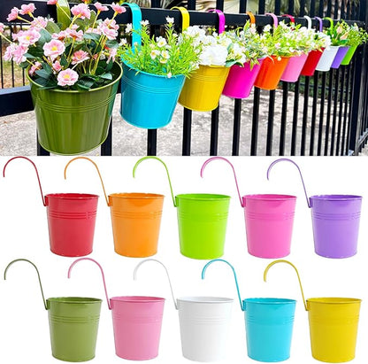 6 Inch Hanging Planters for Outdoor Plants, 10 Pack Metal Railing Planter, Rail Balcony Fence Flower Pot with Detachable Hooks, Colorful Garden Decor (Multi-Color, Pack of 10)