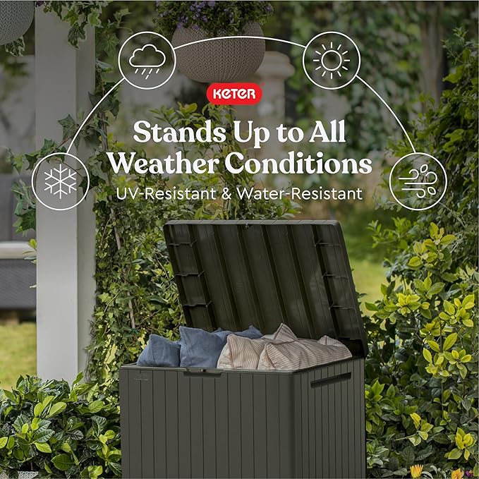 Keter City 30 Gallon Resin Outdoor Storage Box and Patio Furniture Side Table for Pool and Garden Accessories, Taupe