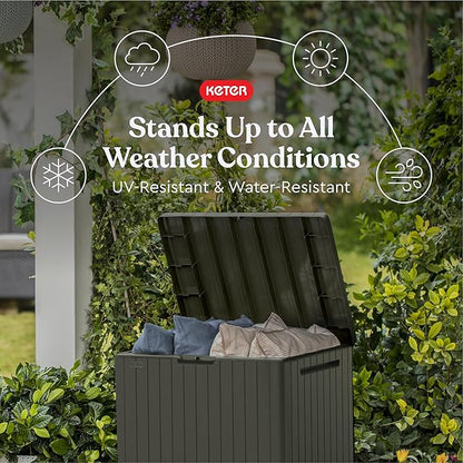 Keter City 30 Gallon Resin Outdoor Storage Box and Patio Furniture Side Table for Pool and Garden Accessories, Taupe