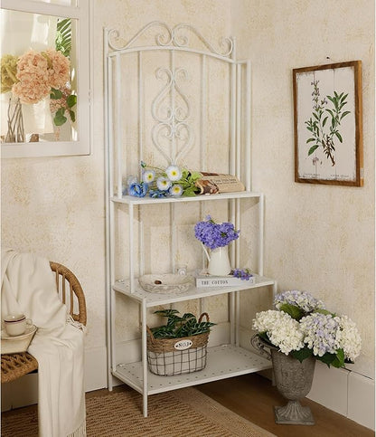 White 3-Layer Floral Plant Stand, French Style Tiered Shelf for Succulents Herbs, Ornate Iron Plant Display for Living Room Garden Decor