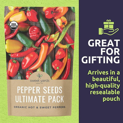 Organic Pepper Seeds (Sweet and Hot) Variety Pack - 13 Individual Packs - 2026 Season - Cayenne, Orange Habanero, Shishito and More! for Indoor & Outdoor Planting (Non-GMO, Certified Organic)
