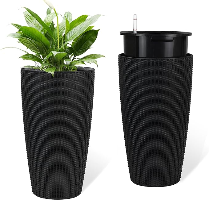 22" Tall Planter Set of 2, Large Self Watering Pots for Indoor/Outdoor Plants with Drain Holes, Water Level Monitor, Inner Bucket for Front Porch Patio, Black Rattan Conical