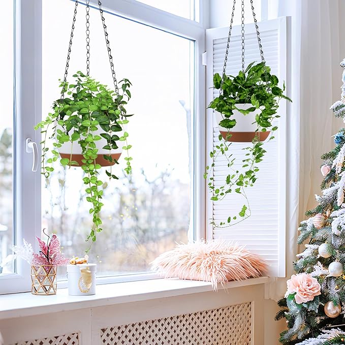 Set of 2 8 Inch Self Watering Hanging Planters for Indoor Outdoor Plants, Color Blocking Hanging Baskets Flower Pots with Drainage Hole & Removable Water-Storage Tray