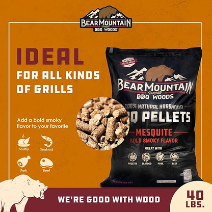 Bear Mountain All Natural Wood Pellets for Smoker, Grill & BBQ, 40 Lbs, Mesquite - Premium Hardwood Barbecue Pellets for Indoor and Outdoor Grilling