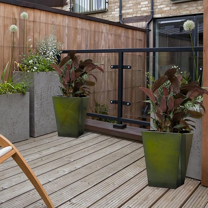 KOL 18''H. Bright Glazed Planter with Drainage Hole, Set of 2, Galvanized Steel Planter Pots for Indoor & Outdoor Use, Decorative Flower Plant Pots for Front Porch, Patio, Deck - Green