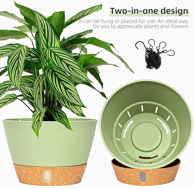 QCQHDU 2 Pack 10 Inch Hanging Planters for Indoor Outdoor Plants, Hanging Baskets Flower Pots with Reservoir Tray & Visible Water-Level