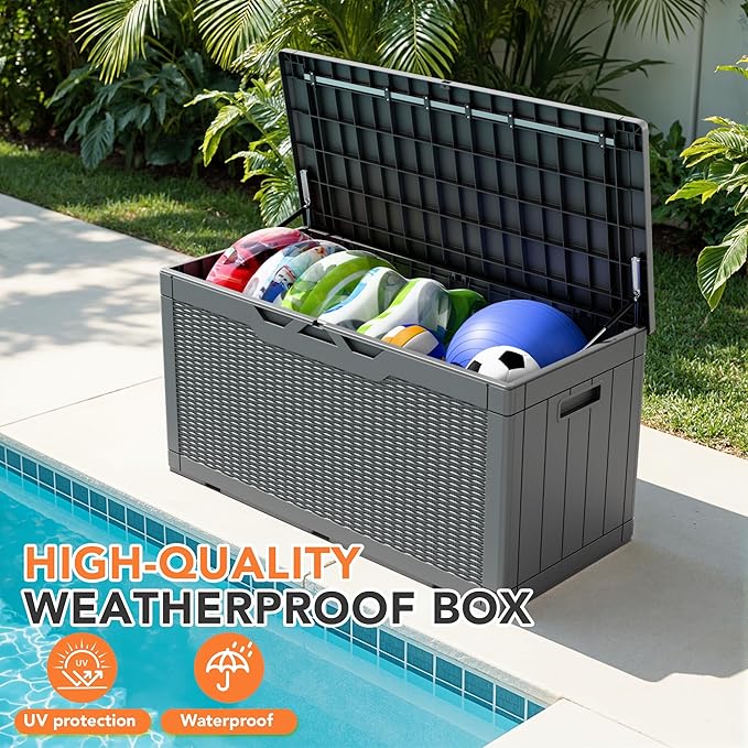 105 Gallon Deck Box Outdoor Indoor Waterproof Storage Box for Patio Furniture, Pool Accessories, Garden Tools, and Cushion Storage, Gray