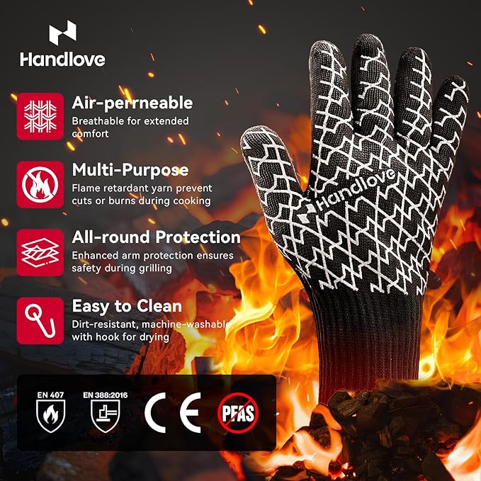 HandLove BBQ Gloves, Oven Gloves with Fingers – Heat Resistant Gloves for Grilling | Silicone Grip, Long Cuff Mitts - Kitchen & Outdoor Barbecue, Cooking, Baking, Black,L