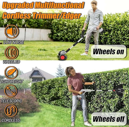 Electric Weed Wacker Eater,3-in-1 Cordless Weed Trimmer with 2 21V/4.0Ah Battery Operated & Fast Charger & 90Min Runtime, 3 Types of Blades for Thick Weeds/Edging/Mowing for Garden Yard -Grey