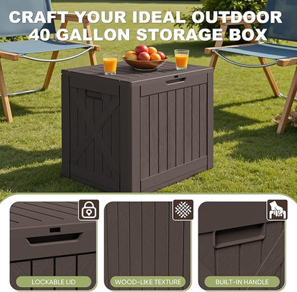 Greesum 40 Gallon Resin Deck Box, Outdoor Storage for Patio Furniture, Garden Tools, Pool Supplies, Weatherproof and UV Resistant, Lockable, Brown