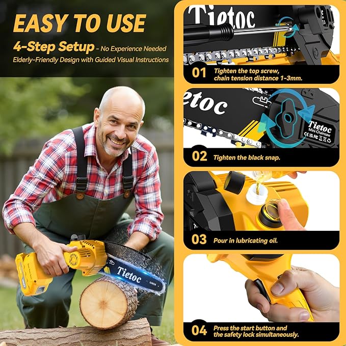 Tietoc Chainsaw, Electric Mini Chain Saw Cordless Power Hand Saw with 4000mAh Battery and Oil System for Tree Trimming & Wood Cutting, Garden Tools Gift for Men Dad Husband Gardener | 6 Inch
