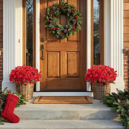 Hananona 24 Pcs Artficial Outdoor Flowers with Hanging Baskets, 2 Pack Hanging Planter with Red Outdoor Spring Flowers for Christmas Porch Home Patio Yard Decor (2, Red)