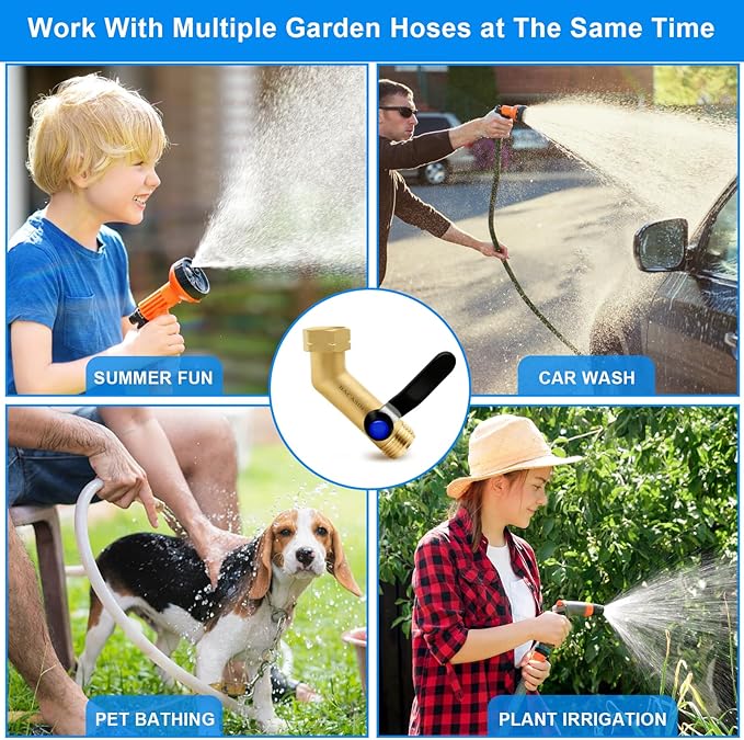 135° Full Flow Heavy Duty Brass Garden Hose Shutoff Valve with 304 Stainless Steel Extended Handle, 3/4-Inch Leak-Free Elbow Connector for Outdoor Faucets, RV Spigots, and Hose Extenders