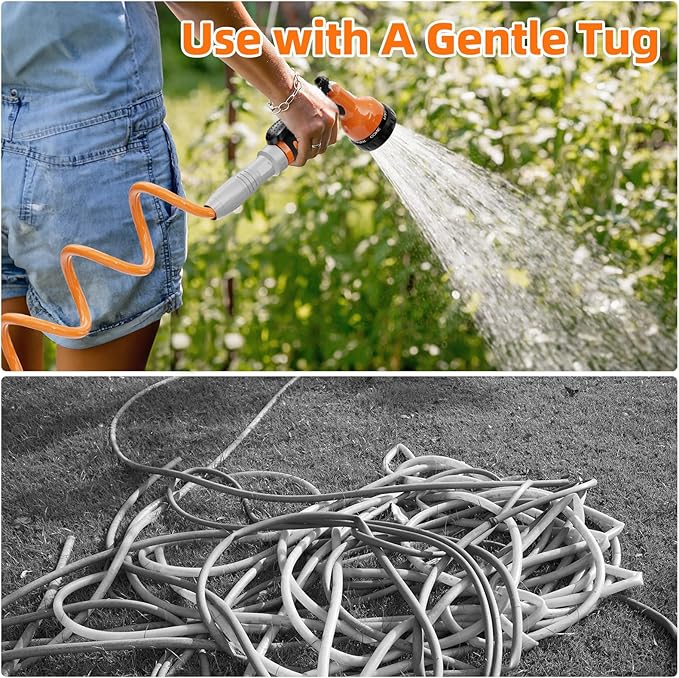 SPECILITE 3/8” Lightweight Coil Garden Hose 100 FT, EVA Retractable Curly Water Pipe with 6-Pattern Spray Nozzle for Boat, Greenhouse, Yard, Patio (Orange)