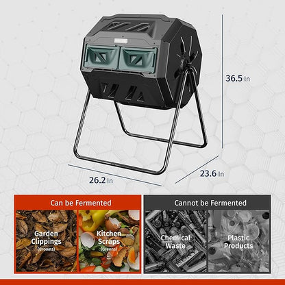 East Oak Compost Tumbler Outdoor, 43-Gal Dual Chamber Compost Bin with 2 Sliding Door and Aeration System, Tumbling Rotating Composter Bin for Kitchen, Garden, Yard
