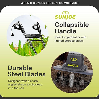 Sun Joe Corded Electric Garden Tiller & Cultivator with Steel Tines, 16 Inch, 12-Amp Motor - Heavy-Duty Tilling Machine for Lawn, Yard, and Gardening Care, TJ603E