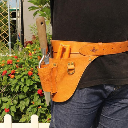 Tourbon Genuine Leather Florist Tool Belt Bag Gardener Farmer Tools Holster Waist Pouch Electrician Carpenter Organizer Kit 3 Pockets (Brownish Yellow, 42 inches)
