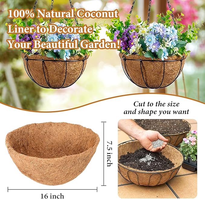 Legigo 6 Pack 16 Inch Hanging Basket Coco Liners Replacement, 100% Natural Round Coconut Coco Fiber Planter Basket Liners for Hanging Basket Flowers/Vegetables