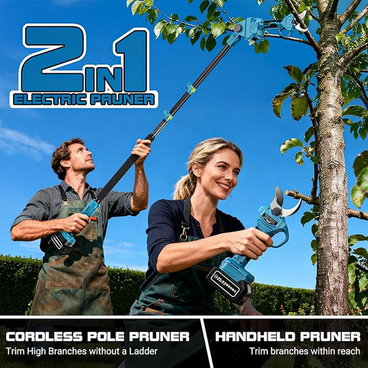 Cordless Electric Pruning Shears with Pole, 2.4" Max Cutting Diameter 14.7FT Reach, Brushless Pole Pruning Shears with 21V 2×4.0Ah Battery, Power Pole Tree Pruner for Branch Trimming