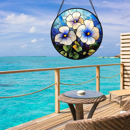 Stained Glass Window Hanging - Morning Glory Birth Flowers Suncatcher for Door Garden Yard Sun Catchers Decor Christmas Mother's Day Birthday Gifts for Women Mom Nana Friend Men 7.8 in