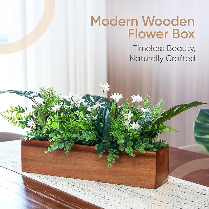 zaqro Wood Planter Box Set of 2 – Real Acacia Planter Boxes with Removable Soft Plastic Cut to fit Liners – Long Rectangular Indoor - Window Planter Box for Herbs, Flowers, Succulents
