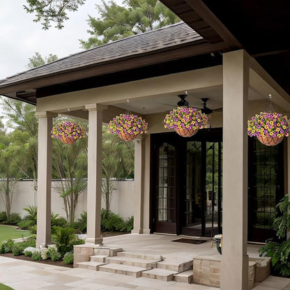 Artificial Silk Spring Flowers Hanging Basket for Outdoor Indoor, Daisy with Eucalyptus Leaves Arrangement for Yard Decor, Faux Green Plant in Metal Coconut Lining Pot(Purple Yellow)