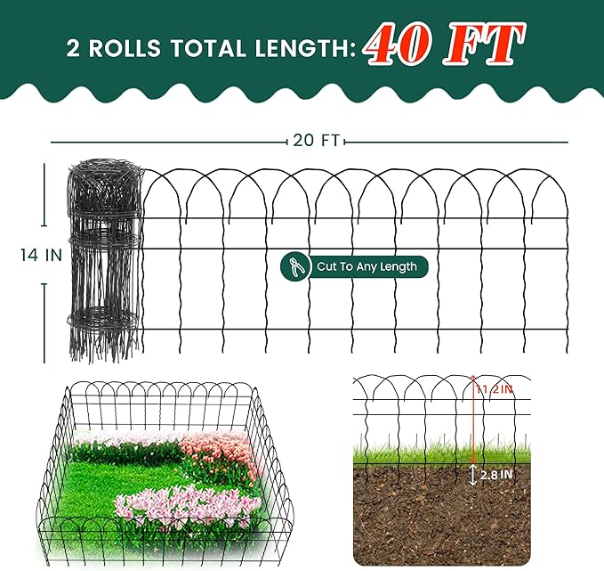 2 Rolls Black Garden Fence Border, 14 in x 40 ft Metal Folding Fence Wire Roll Garden Border Edging, Garden Fence Roll Flower Bed Fencing for Outdoor Yard