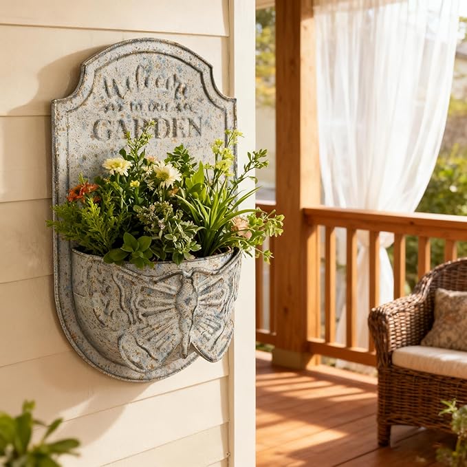 Rustic Metal Wall Planter with Butterfly Design, Welcome to Our Garden Hanging Flower Pot for Outdoor Indoor Decor, Vintage Galvanized Plant Holder for Patio, Porch, Garden