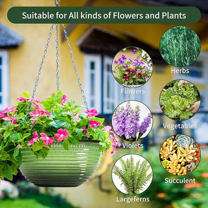 12 inch Hanging Planters for Indoor Outdoor Plants, 2 Pack Large Hanging Flower Pots with Drainage Holes and Chain, Glazed Hanging Baskets for Home Garden Decoration, Green