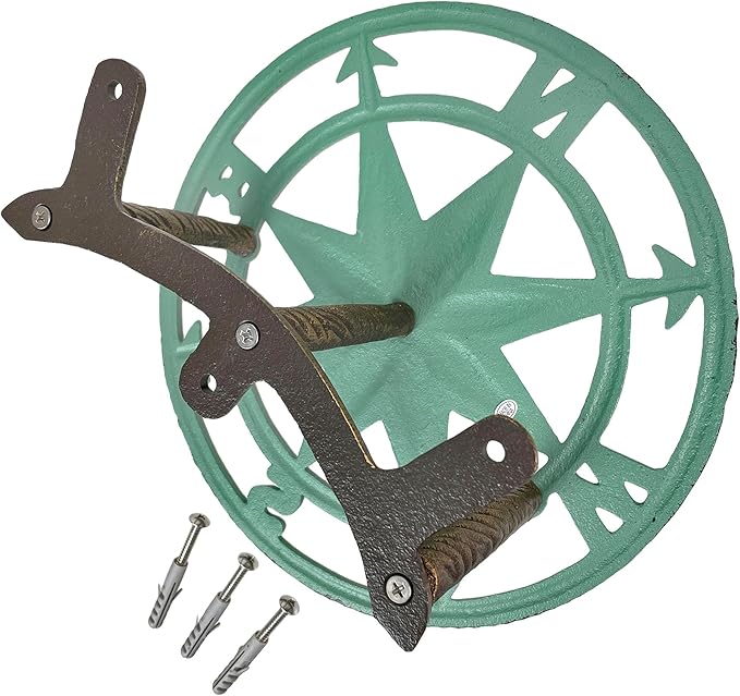 Verdigris Green Finish Cast Iron Nautical Compass Rose Wall Mounted Decorative Hanging Garden Hose Hanger - Hose Holder Organizer for Outdoor Spaces - 12 Inches in Diameter