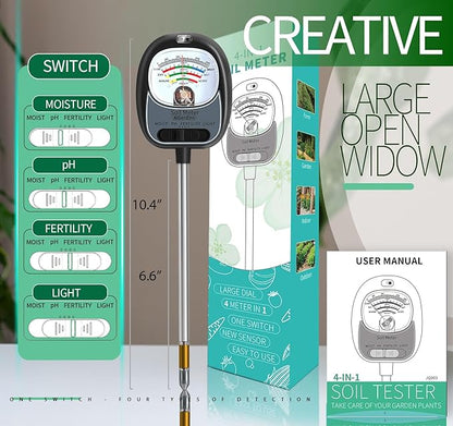 Soil Tester, Soil Moisture Meter/Soil pH Meter/Sun-Light/Fertility for Gardening, Large Dial Soil pH Tester Plant Water Meter for Indoor&Outdoor Garden,Farm Soil Test Kit-MatteBlack