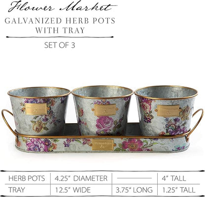 MACKENZIE-CHILDS Galvanized Herb Pots with Tray, Metal Herb Planters, Set of 3, Flower Market